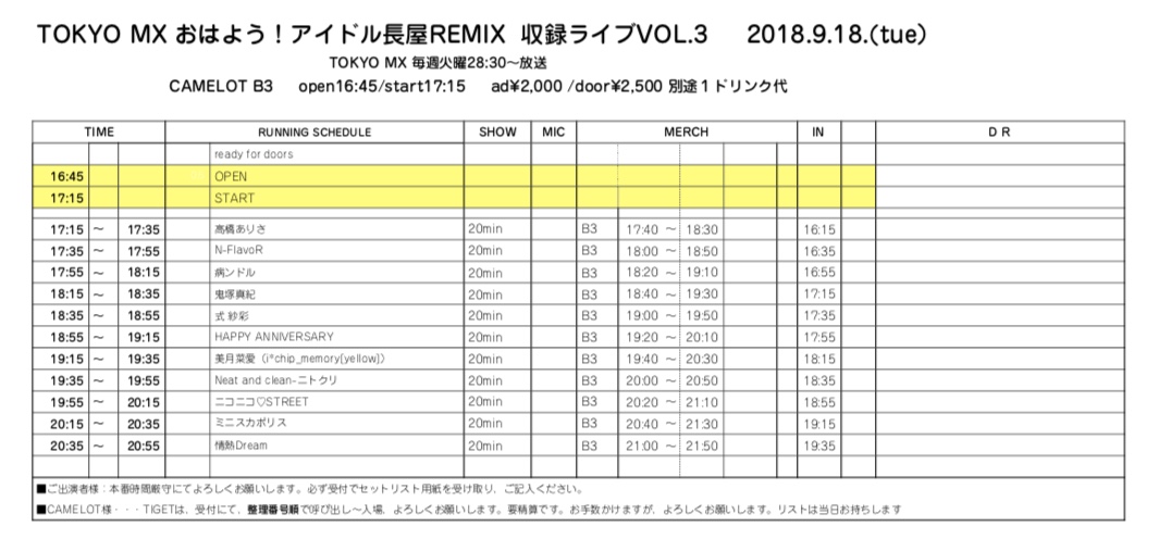 「TOKYO MX『おはよう！アイドル長屋REMIX』収録ライブ Vol.3」   タイムテーブル